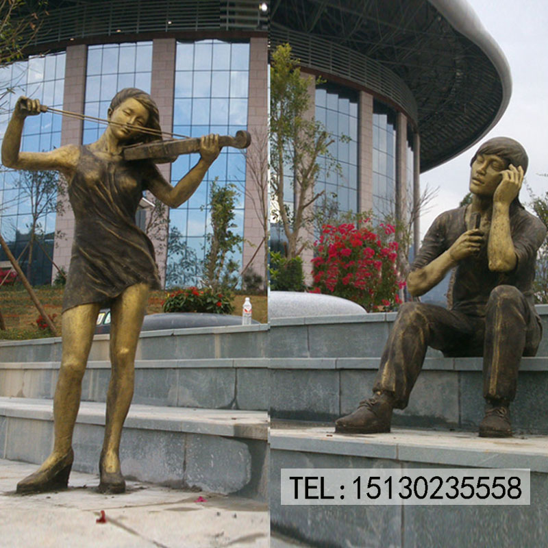 公園廣場音樂雕塑休閑男孩音樂少女玻璃鋼雕塑